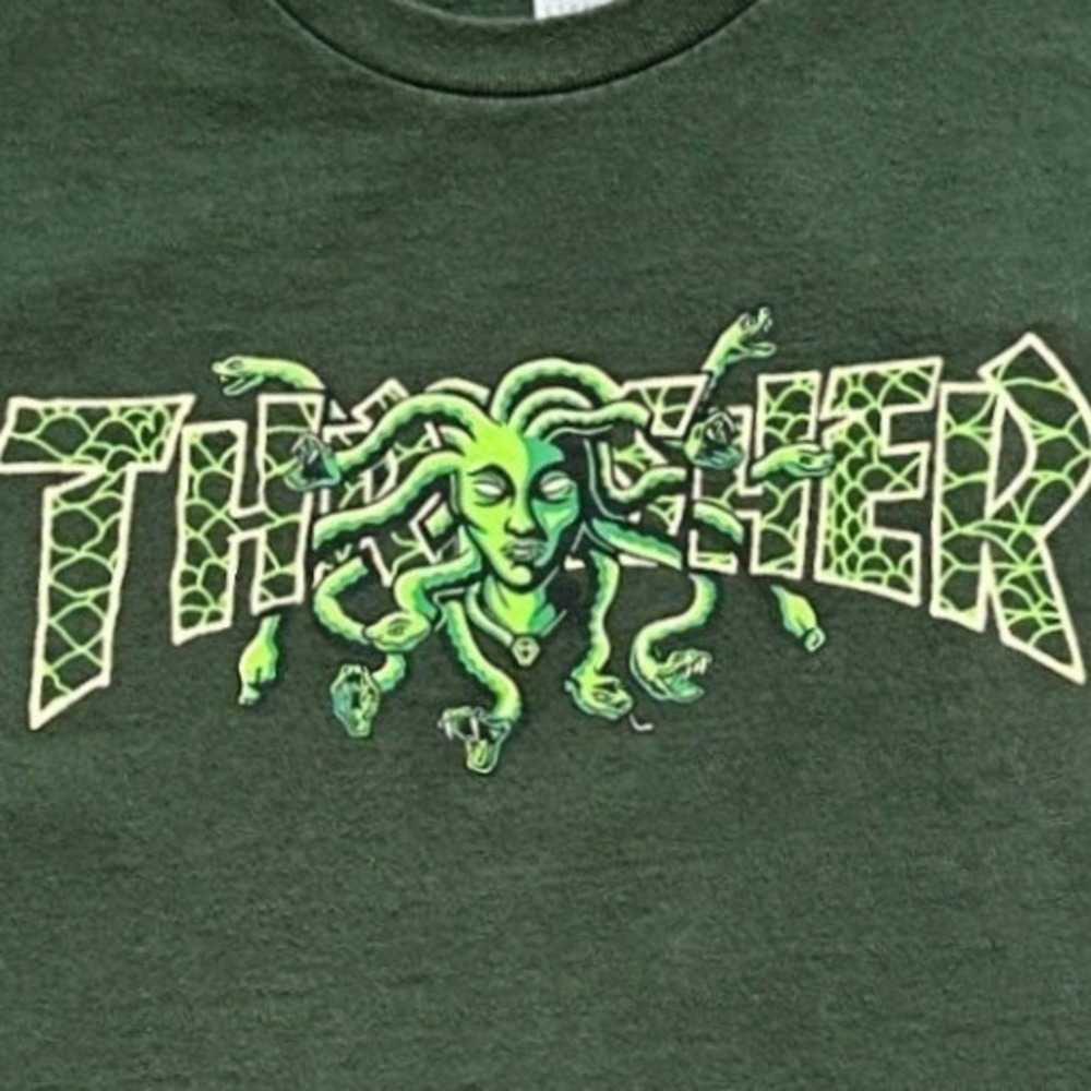 Thrasher Magazine MEDUSA LOGO Skateboard T Shirt Large Forest Green *FLAW*